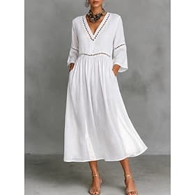 Dames Halflange jurk Kanten jurk Witte jurk Zomerjurk Elegant Modieus Dagelijks Strand Vakantie Normale pasvorm Effen Halve mouw V-hals Spijkerbroekblauw Wit G thumbnail 2