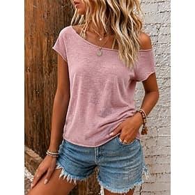 Retro-Boho-Leinen-T-Shirt mit One-Shoulder-Schulter und offenem Saum, lässiges Urlaubs-T-Shirt