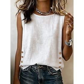 Damen Tank Top Knöpfe Einfach Mode Stilvoll Klassisch Ärmellos Rundhalsausschnitt Normale Oberteile Lässig Täglich Ausgehen Weiß Gelb Rosa Kamel Grün Sommer Fr