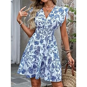 Women's Mini Dress A Line Dress Slip Dress Vacation Casual Outdoor Going out Regular Fit Floral Short Sleeve V Neck Royal Blue Green Summer Spring