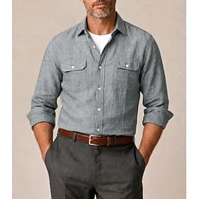 Men's Cargo Linen Shirt - Casual Breathable Long Sleeve - Gray