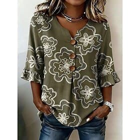 Women's Shirt Boho Shirt Casual Shirt Floral Graphic Elegant Bohemia Active 3/4 Length Sleeve V Neck Long Tops Casual White Pattern Sage Green Dark Green Light