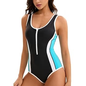 Women's Regular Rash guard Swimsuit Bathing Suit Athletic Swimwear Geometric Patchwork Brief Leg UV Sun Protection Quick Dry High Elasticity Sleeveless Swimwea