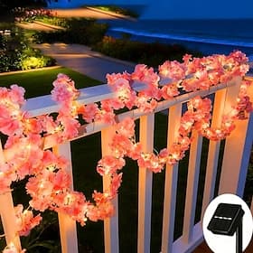 Solar Powered Simulation Pink Cherry Blossom Vine LED Copper Wire String Lights 2m/5m for Outdoor Wedding Christmas Party Home Decor Balconies Gardens Fences T