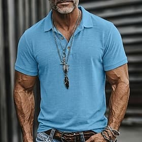 Men's Linen Shirt Polo Shirts Casual Vacation Classic Short Sleeve Vacation Fashion Plain Textured Buttons Summer Spring Regular Fit Lake blue Black Pink Green thumbnail 2