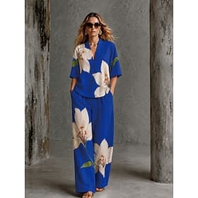 Per donna Camicia Set di biancheria in cotone Set di Pantaloni Manica Corta Scollo a V Floreale Grafico Geometrico Stampato Vacanza Moda Streetwear Casuale Quo thumbnail 7