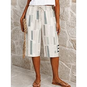 Women's Cotton Linen Shorts Capri Pants Wide Leg Pants Trousers Vacation Vintage coastalgrandmastyle Knee Length Mid Waist Floral Graphic Abstract Print Comf