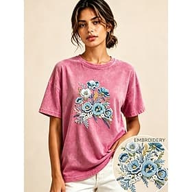 Women's 100% Cotton Embroidered T-shirt Floral Graphic Vintage Classic Casual Short Sleeve Crew Neck Regular Tops Casual Daily Weekend Pink Summer Spring