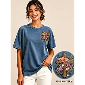 Mujer 100% Algodón Camiseta bordada Floral Graphic Vintage Clásico Casual Manga Corta Cuello Barco Tops regulares Casual Diario Fin de semana Azul Piscina Vera