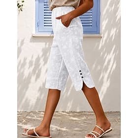 Women's Cropped Pants Vacation Basic Calf-Length High Waist Solid Color Jacquard Embroidered Comfortable Breathable Inelastic Vacation Formal Daily Wear White