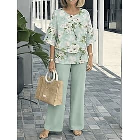 Women's Two Piece Sets Pants Sets Half Sleeve Butterfly Sleeve Round Neck Floral Graphic Ruffle Print Elegant Vacation Casual Daily Beach Purple Green Spring