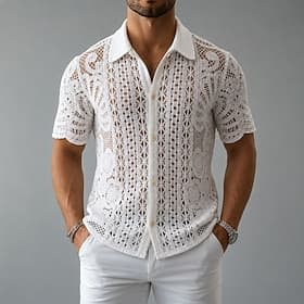 Men Shirt Casual Shirt Button Up Shirt Jacquard Shirt White Short Sleeve Plain Shirt Collar Casual Daily Hollow Out Clothing Apparel Elegant Fashion Casual