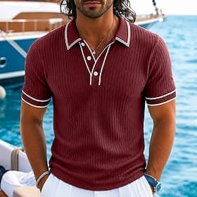 Homme Polo Haut en Tricot Côtelé Occasionnel Fête Revers Col Polo Côtelé Manche Courte Basique Moderne Uni Texturé Poids Léger Boutons Printemps Été Bleu Blan