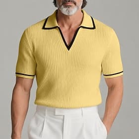 Men's Polo Shirts Rib Knit Top Casual Work V Neck Short Sleeve Basic Modern Color Block Buttons Knitted Spring Summer Blue White Yellow Wine Navy Blue Gray Po