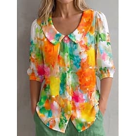 Women's Shirt Graphic Abstract art Bohemia Vacation Vintage 3/4 Length Sleeve Peter Pan Collar Crop Tops Casual Daily Beach Yellow Red Orange Summer Spring