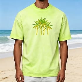 Heren T-shirt met kokospalmprint, 100% katoen, acid wash, zware kwaliteit, korte mouwen, DTG, ronde hals, modieus, dagelijks gebruik, vakantie, blauw, zwart, r thumbnail 2