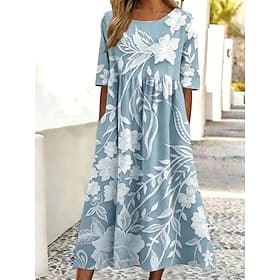 Women's Midi Dress Shift Dress Vacation Casual Boho Daily Summer Dress Spring Dress Loose Fit Floral Graphic Short Sleeve Crew Neck Blue White Pink Apricot Sum