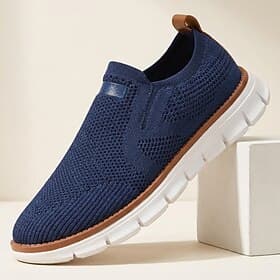 Men's Navy Knit Slip-On Sneakers Lightweight Breathable Comfort Walking Shoes Casual Low Top Footwear for Daily Wear, Travel, Commuting and Relaxed Smart Casua