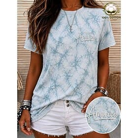 American Independence Day Women's 100% Cotton Embroidered Elegant T Shirt Cotton Shirt Tropical Fashion Short Sleeve Crew Neck Round Neck Regular Tops Casual D