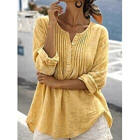 Women's Blouse Faux Cotton Linen Tee Top Pleated Plain Stylish Modern Long Sleeve Crew Neck Regular Tops Casual Daily Summer Black White Yellow Pink Navy Blue