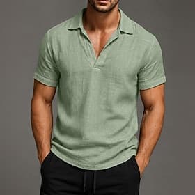 Men's Linen Shirt Polo Shirts Casual Vacation V Neck Short Sleeve Vacation Fashion Plain Textured Lightweight Breathable Summer Spring Blue Black Pink Green Li