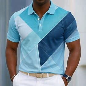 Voor heren Meetkundig Poloshirts Korte mouw Poloshirt Overhemden met kraag Casual Sportkleding 3D-afdrukken Knop Ademend gaas Lente zomer blauw Paars Bruin thumbnail 3