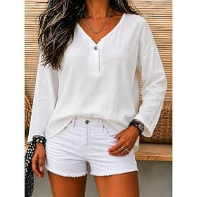 Women's 100% Cotton Summer Tops Blouse Dressy Tops Ruched Solid Color Plain Elegant Vintage Ladies Long Sleeve 3/4 Length Sleeve V Neck Regular Tops Casual Dai