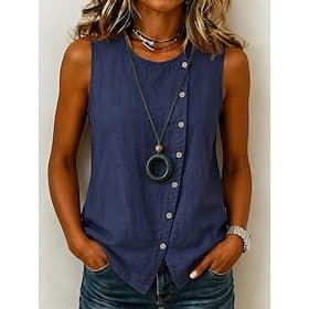 Women's Tank Solid Color Graphic Plain Vintage Fashion Sleeveless Crew Neck Regular Tops Casual Blue Khaki Army Green Summer Spring