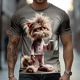 Men's Animal Cat T Shirt Short Sleeve T shirt 3D Print Crew Neck Shirt Funny Casual Daily Street Blue Army Green Gray Summer Spring Clothing Apparel S M L XL 2