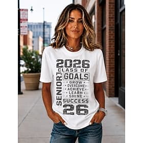 Dames T-shirt Afdrukken Grafisch Modieus Stijlvol Klassiek Korte mouw Strakke ronde hals Ronde hals Normale tops Casual Dagelijks Sportschool blauw Zwart Wit R thumbnail 2