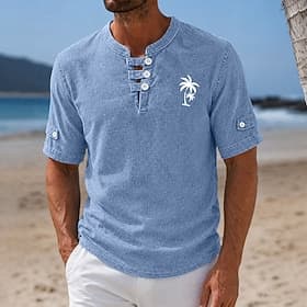 SoftFade™ Heren Polo Shirts 100% Katoen Acid Wash Shirt Casual Vakantie Kraagloos Schouderlange Mode Basis Palm Boom Knoppen Vintage Zomer Lente Blauw Roze Gro thumbnail 3