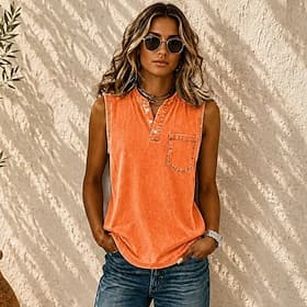 Women's 100% Cotton Henley Shirt Vintage Fashion Stylish Sleeveless Long Tops Casual Daily Beach Orange Summer Spring
