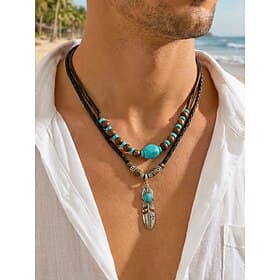 Men's Vintage Feather Pendant Necklace with Turquoise Beads – Tribal Style Leather Rope Jewelry for Festivals, Travel and Everyday Casual Wear