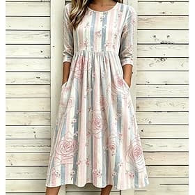 Women's Midi Dress Shift Dress Vacation Casual Boho Daily Summer Dress Spring Dress Regular Fit Floral Graphic Short Sleeve Crew Neck Pink Beige Summer Spring