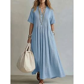 Women's  Elegant Bohemia Boho Linen-feel Pleated Notched Neck Short Sleeve Maxi Dress Loose Fit Plain Blue Light Blue Yellow Light Green Summer Spring