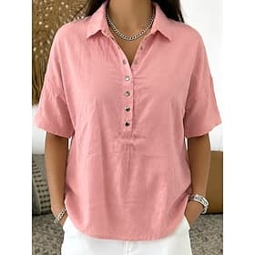 Women's Shirt Linen-feel Shirts Vintage Stylish Short Sleeve Turndown Regular Tops Daily Work Holiday Blue Black White Pink Light Brown Summer Spring