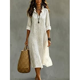 Women's Midi Dress White Dress Floral Dress Fashion Modern Beach Vacation Weekend Regular Fit Floral Long Sleeve V Neck White Summer Spring Fall