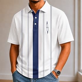 Men's Stripes Bowling Shirt Polo Shirts Short Sleeve Polo Shirts Lapel Casual School Athleisure Wear to work Holiday 3D Print Buttons Breathable Mesh Spring S