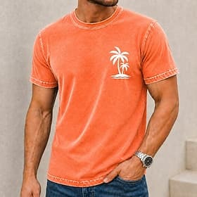 Men's Tropical Coconut Palm Acid Wash Shirt Heavyweight T-shirt Short Sleeve T shirt DTG Crew Neck Shirt Vacation Hawaiian Daily Holiday Blue Pink Orange Sprin