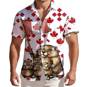 Canada Day Men's Maple Leaf Beaver National Flag Shirt Summer Shirt Button Up Shirt Short Sleeve Patriotic Outdoor Holiday Summer Spring Turndown 3D Print Coll thumbnail 2