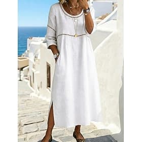 Women's Maxi Dress Lace Dress Cotton Linen Dresses Summer Dress Elegant Fashion Beach Vacation Holiday Loose Fit Plain Half Sleeve Crew Neck White Orange Summe