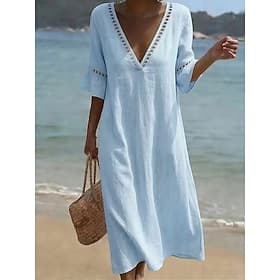 Women's Midi Dress Sundress Elegant Vacation Puff Sleeve Beach Loose Fit Solid Color Half Sleeve Plunging Neck Light Blue White Champagne Light Green Summer Sp