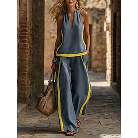 Women's Linen-feel Set Pants Sets Sleeveless Halter Neck Solid Color Fashion Streetwear Casual Daily Outdoor Blue Khaki Gray Summer Loose Fit