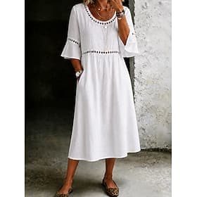 Damen Midikleid Spitzenkleid Weißes Kleid Sommerkleid Elegant Mode Täglich Strand Urlaub Normale Passform Einfach Halbarm Rundhalsausschnitt Weiß Gelb Hellgrün thumbnail 2