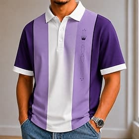 Voor heren Kleurenblok Bowlingshirt Poloshirts Korte mouw Poloshirt Revers Casual School Sportkleding Draag naar het werk Feestdagen 3D-afdrukken Knop Ademend thumbnail 2