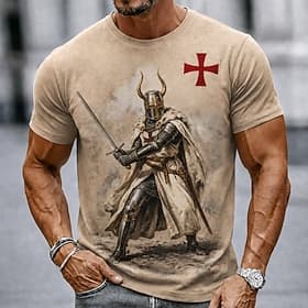 Men's Knights Templar Crusaders Cross T Shirt Short Sleeve T shirt 3D Print Crew Neck Shirt Religious Daily Street Holiday Brown Khaki All Seasons Clothing App