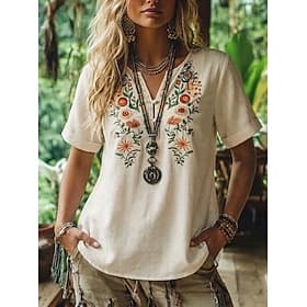 Women's Blouse Embroidery Shirts Embroidered Floral Vintage Boho Short Sleeve V Neck Long Tops Casual Daily Summer Apricot Summer Spring