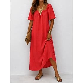 Women's Maxi Dress Linen Dresses Vintage Daily Loose Fit Pure Color Short Sleeve Square Neck Red Sky Blue Summer
