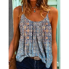 Women's Shirt Blouse Print Graphic Geometric Paisley Bohemia Vintage Fashion Sleeveless Straps Long Tops Casual Daily Blue Summer Spring