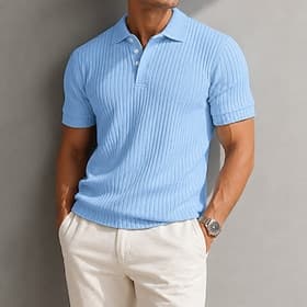 Men's Rib Knit Top Textured Casual Work Lapel Ribbed Polo Collar Short Sleeve Basic Modern Plain Textured Buttons Knitted Spring Summer Blue Rib Knit Top